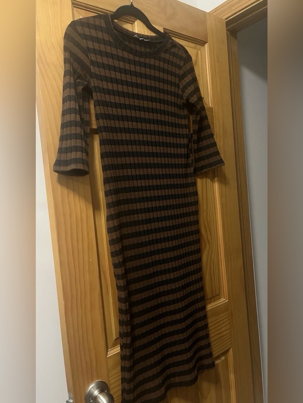 Zara Brown and Black Ribbed Striped Long Sleeve Midi Dress